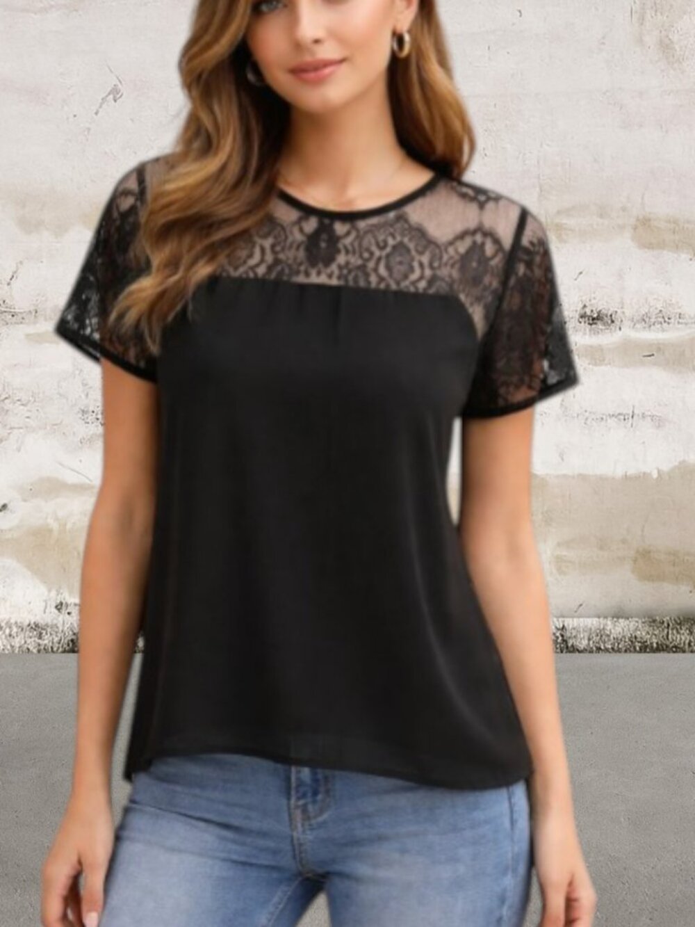 Aqua Women's Black Lace Short Sleeve Blouse Size Small